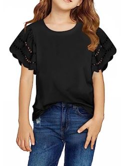 Kids Girls Summer Shirts Crewneck Ruffled Short Sleeve Blouse Tops Size 6-13 Years