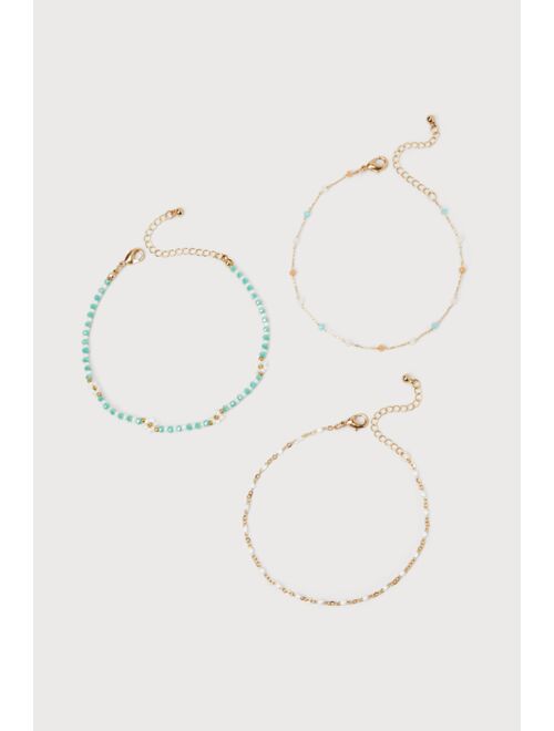 Lulus Adorably Retro Gold and Blue Layered Beaded Flower Anklet Set