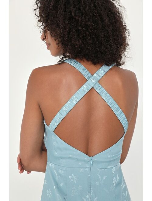 Lulus Celebration Charm Blue Satin Jacquard Tiered Midi Dress