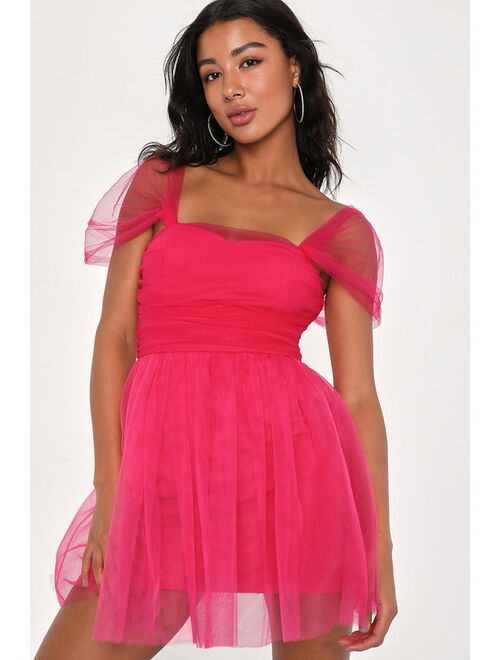 Lulus Effortlessly Remarkable Pink Tulle Off-the-Shoulder Mini Dress