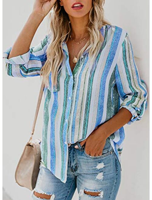 Astylish Womens V Neck Striped Roll up Sleeve Button Down Blouses Top