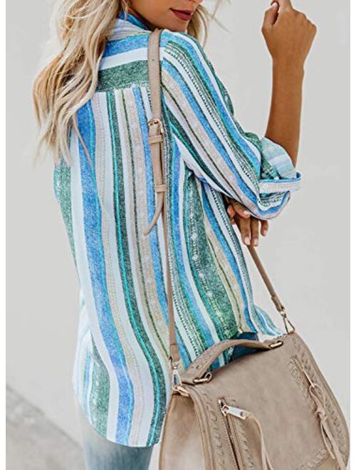 Astylish Womens V Neck Striped Roll up Sleeve Button Down Blouses Top