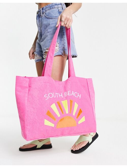 South Beach terrycloth embroidered beach tote bag in bright pink
