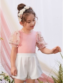 Toddler Girl's Floral Mesh Short Puff Sleeve Crewneck Cute Summer Top T Shirt