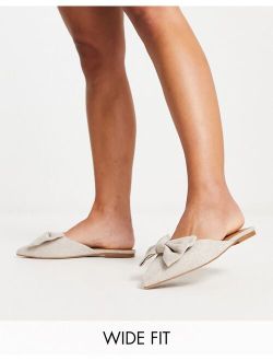 Wide Fit Lass oversized bow pointed flat mules in natural