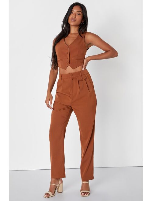 Lulus Hot Pur-suit Rust Brown Twill High Waisted Straight Leg Pants