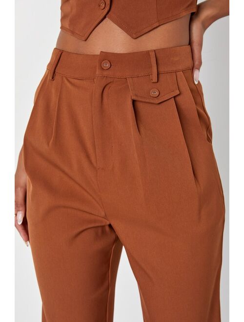 Lulus Hot Pur-suit Rust Brown Twill High Waisted Straight Leg Pants