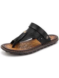 OHCHSH Mens Sandals Flip Flops for Men Shoes with Toe Ring Casual Summer Leather Black
