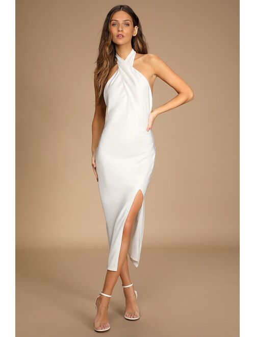 Lulus Beyond Classy White Satin Halter Midi Dress