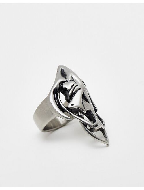 ASOS DESIGN waterproof stainless steel ring in animal skull design in brushed silver tone