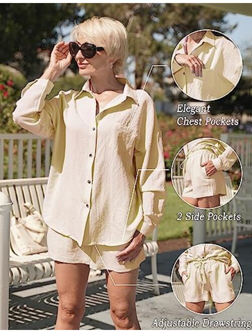 Ekouaer Womens Button Down Lounge Sets Long Sleeve Shirts and Shorts 2 Piece Outfit Set Casual Loungewear with Pockets S-XXL
