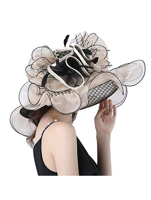 Go Mai Ladies Sun Hat with Mesh Flower Decoration Wide Brim Hat Occasion Event Organza Fancy Church Dress Hat