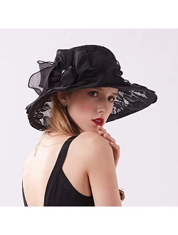 generic Haozaikeji Women Sun Hat Wide Brim Floral Bowler Elegant Summer Hat Lady Bowknot Fascinator