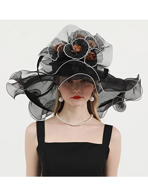 RZTA Women's Kentucky Derby Church Dress Hat Wide Brim Leaf Flower Bridal Shower Hat