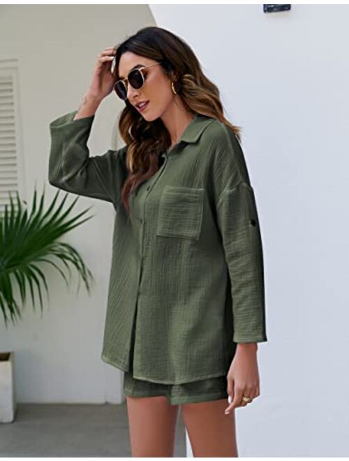 Kissonic 2 Piece Outfits for Women, Lounge Sets Pajama Sets Long Sleeve Button Down Oversized Shirts and Shorts with Pockets