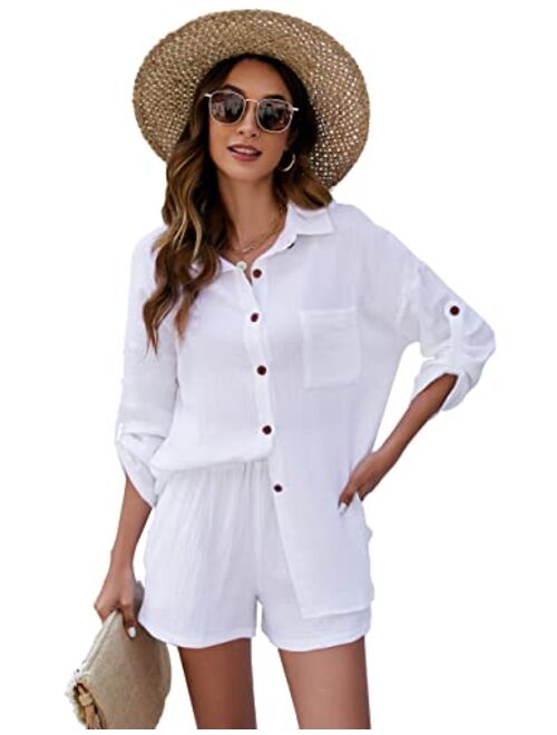 Kissonic 2 Piece Outfits for Women, Lounge Sets Pajama Sets Long Sleeve Button Down Oversized Shirts and Shorts with Pockets