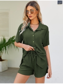 Flygo Womens 2 Piece Casual Outfits Summer Pleated Short Sleeve Top and Set Button Down Shirt Y2K