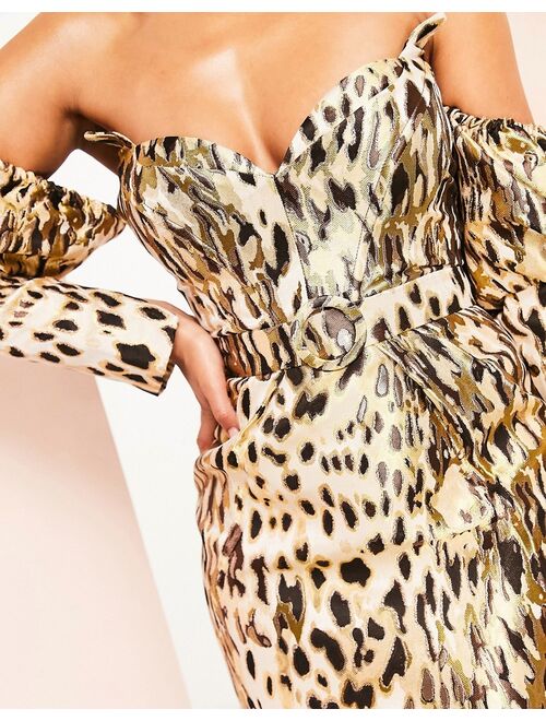 ASOS LUXE bandeau structured corset belted mini dress in animal print jacquard