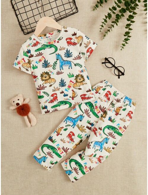 SHEIN Toddler Boys' Fun Cartoon Animal Printed Short Sleeve T-shirt And Long Pants Home Wear For Summer