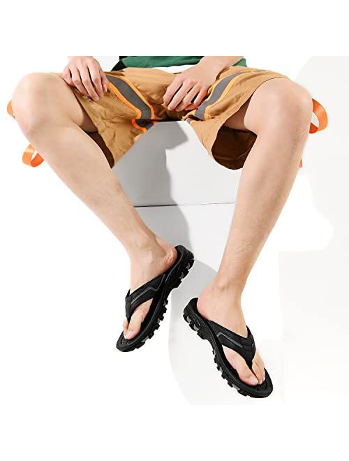 AOV Mens Beach Flip Flops,Waterproof Athletic Outdoor Thong Sandals, Comfortable Arch Support Non-Slip Leather Sandals