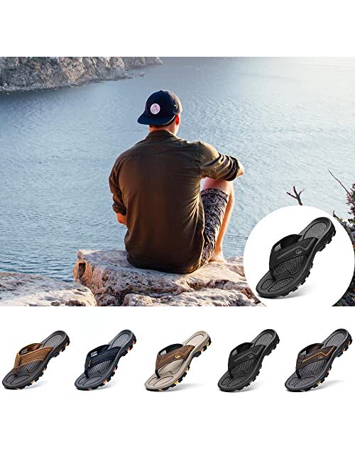 AOV Mens Beach Flip Flops,Waterproof Athletic Outdoor Thong Sandals, Comfortable Arch Support Non-Slip Leather Sandals