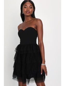 Fabulous Thoughts Black Tulle Strapless Tiered Homecoming Mini Dress