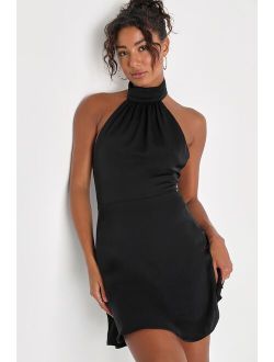 Give 'Em Glam Black Satin Sleeveless Halter Homecoming Mini Dress