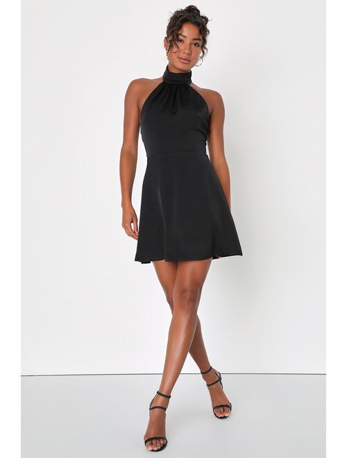 Lulus Give 'Em Glam Black Satin Sleeveless Halter Homecoming Mini Dress
