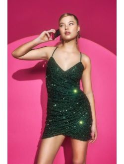 A Chance to Shine Emerald Sequin Faux-Wrap Homecoming Bodycon Mini Dress
