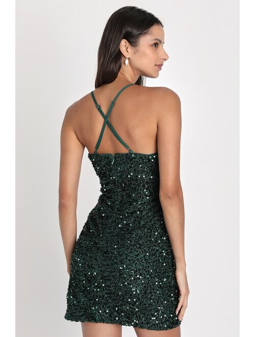 Lulus A Chance to Shine Emerald Sequin Faux-Wrap Homecoming Bodycon Mini Dress