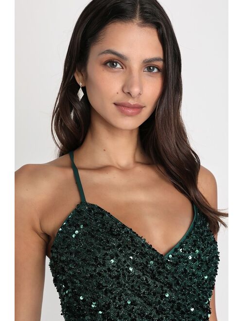 Lulus A Chance to Shine Emerald Sequin Faux-Wrap Homecoming Bodycon Mini Dress