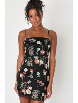 Blooming Aesthetic Black Floral Embroidered Sequin Homecoming Mini Dress