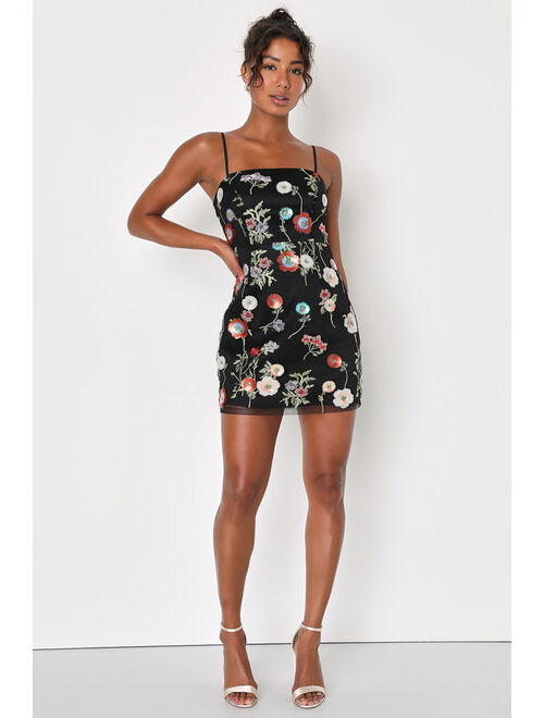 Lulus Blooming Aesthetic Black Floral Embroidered Sequin Homecoming Mini Dress