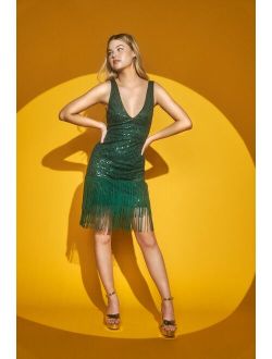More Than Iconic Emerald Green Sequin Fringe Homecoming Mini Dress