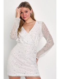 Noticeable Shine White Sequin Beaded Long Sleeve Homecoming Mini Dress