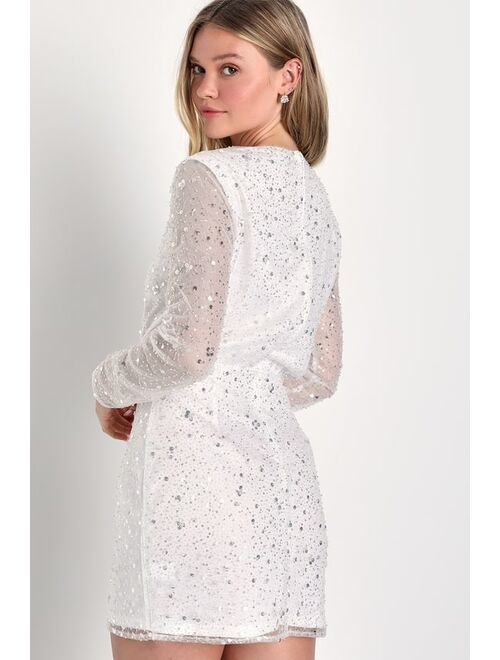 Lulus Noticeable Shine White Sequin Beaded Long Sleeve Homecoming Mini Dress