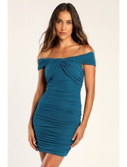 Alluring Nights Teal Blue Ruched Off-the-Shoulder Homecoming Bodycon Dress