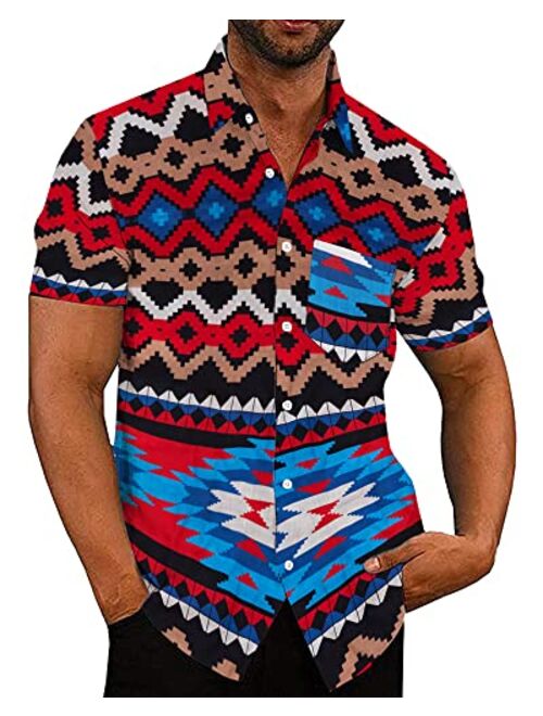 Beotyshow Mens Aztec Button Down Shirt Linen Short Sleeve Casual Summer Beach Hawaiian Shirts with Pocket