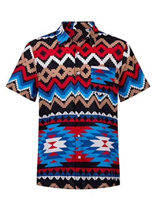 Beotyshow Mens Aztec Button Down Shirt Linen Short Sleeve Casual Summer Beach Hawaiian Shirts with Pocket