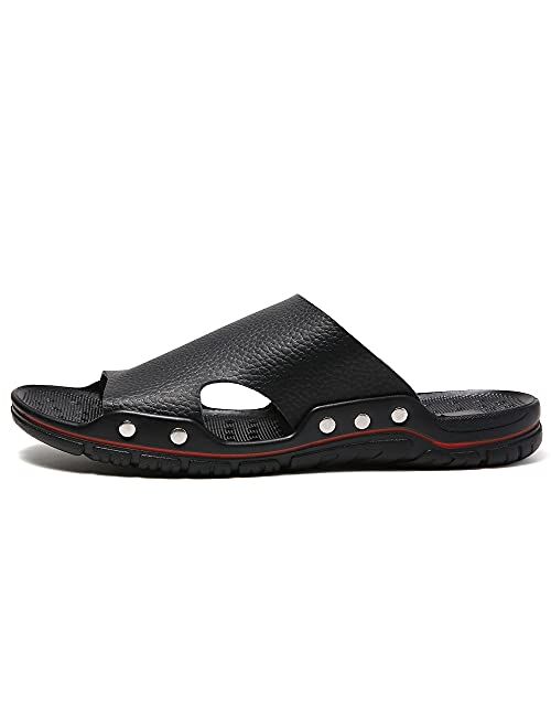 JINDELI Men's Summer Leather Slide Sandals Open Toe Beach Slippers Shoes