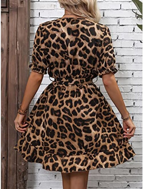 WDIRARA Women's Leopard Print Ruffle Hem Short Sleeve V Neck Belted A Line Dress