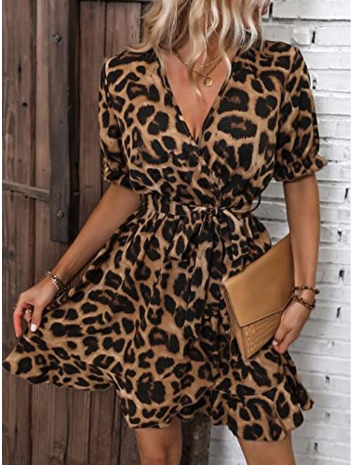 WDIRARA Women's Leopard Print Ruffle Hem Short Sleeve V Neck Belted A Line Dress