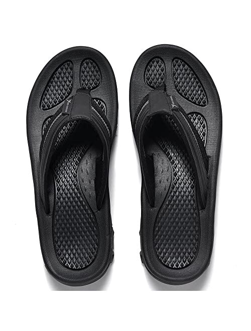 NRNHI Beach Flip Flops for Men Arch Support Casual Summer Slip-Resistant Athletic Walking Hiking Leather Sandals