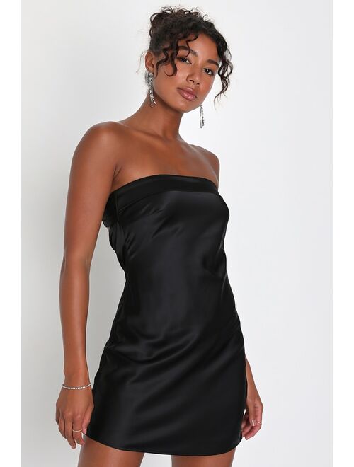 Lulus Exquisite Approach Black Satin Strapless Cowl Back Homecoming Mini Dress
