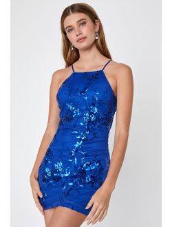 Ravishing Shine Blue Mesh Sequin Halter Homecoming Mini Dress