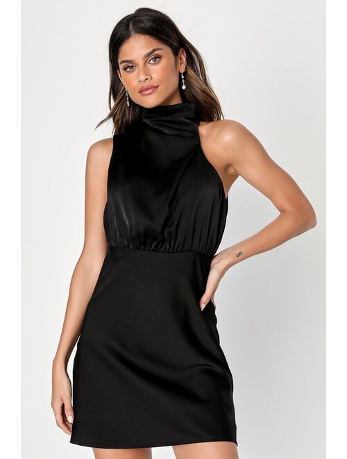Lulus Modern Instinct Black Satin Mock Neck A-Line Homecoming Mini Dress