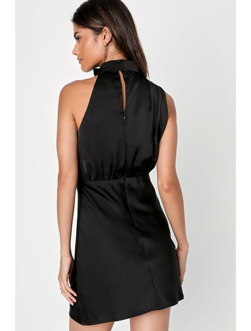 Lulus Modern Instinct Black Satin Mock Neck A-Line Homecoming Mini Dress