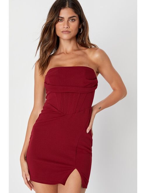 Lulus Flair for Flirting Burgundy Strapless Bustier Homecoming Bodycon Mini Dress