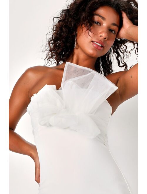 Lulus Adored Energy White Bodycon Tulle Bow Strapless Homecoming Mini Dress