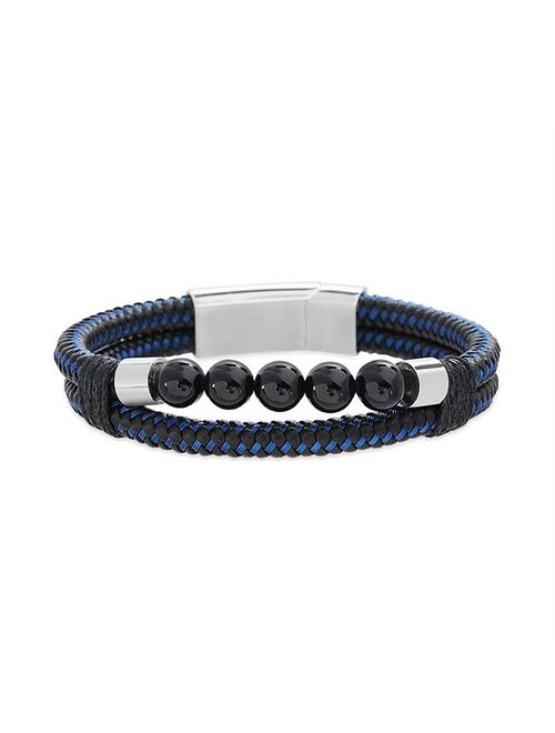 1913 Woven Black & Blue Leather with Synthetic Onyx Beads Bracelet